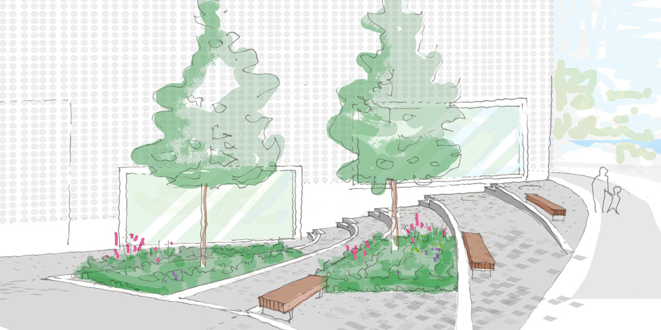 yta vid konsthallen med två planterade träd, blomrabatter och sittplatser. Ytan sluttar svagt nedåt från gatan mot byggnaden med trappsteg. Illustration